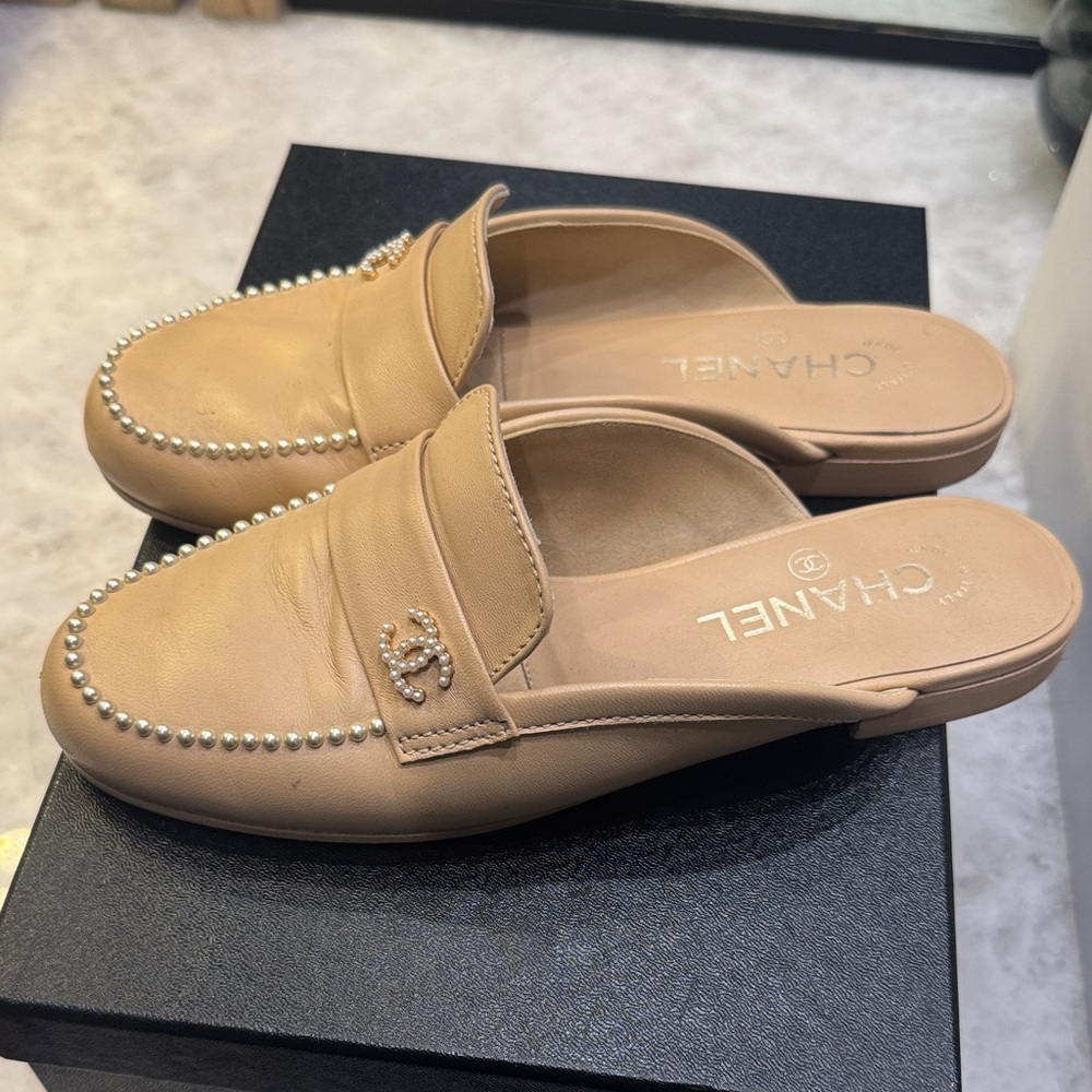 CHANEL Tan Leather Mules with Pearl Accents
